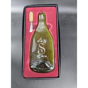 Glass Wine Bottle Cheese Board and Cutter Etched Grape Leaf & Vine “S” Monogram